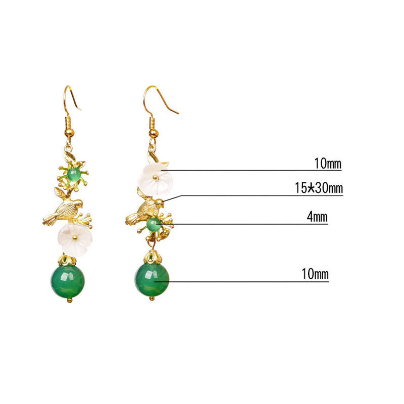 Buddha Stones Boucles d'oreilles pendantes en agate verte, fleur blanche et oiseau, ornées de perles et de perles d'agate verte - image 7