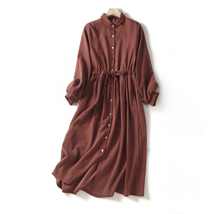 Buddha Stones Robe midi unie automnale à manches longues, boutons et lacets, avec poches - SaddleBrown - US12，UK/AU16，EU44 (2XL) - image 0