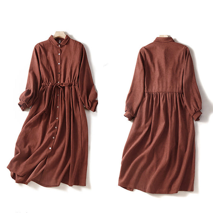 Buddha Stones Robe midi unie automnale à manches longues, boutons et lacets, avec poches - image 12