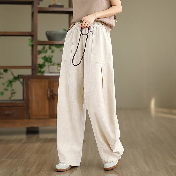 Buddha Stones Pantalon droit pour femme en coton et lin uni avec poches - image 1