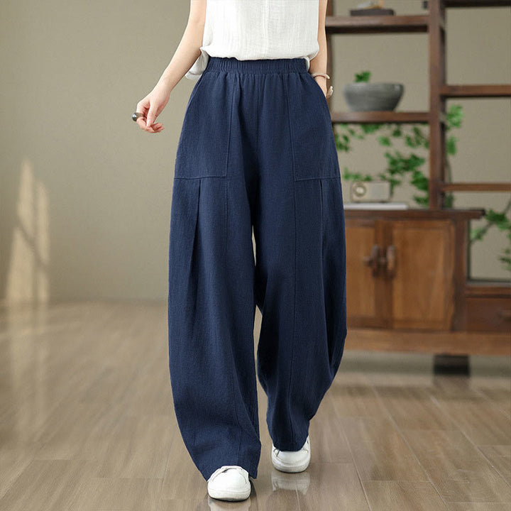 Buddha Stones Pantalon droit pour femme en coton et lin uni avec poches - image 20