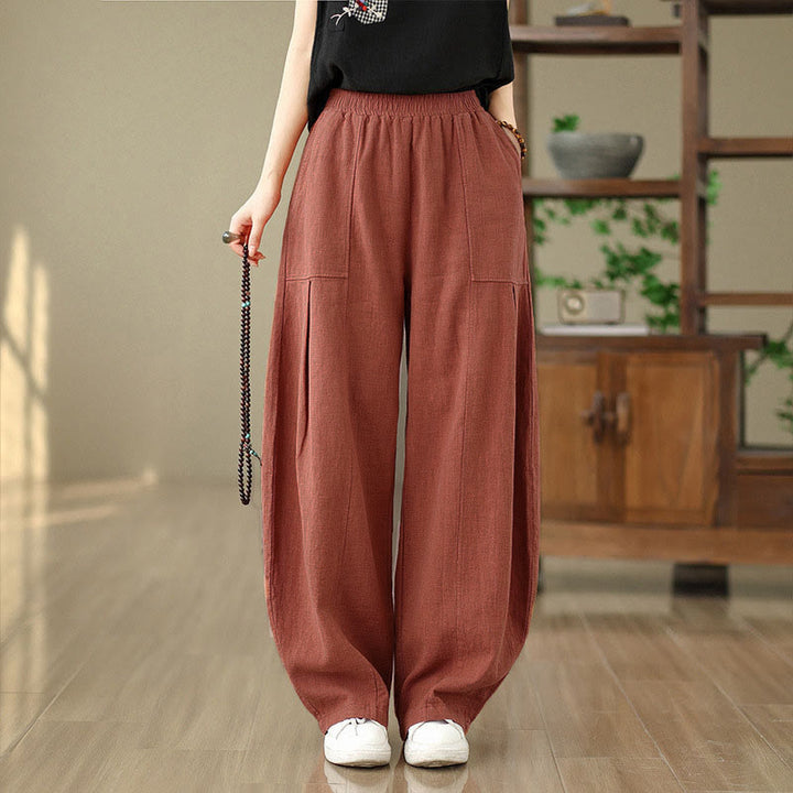 Buddha Stones Pantalon droit pour femme en coton et lin uni avec poches - image 8