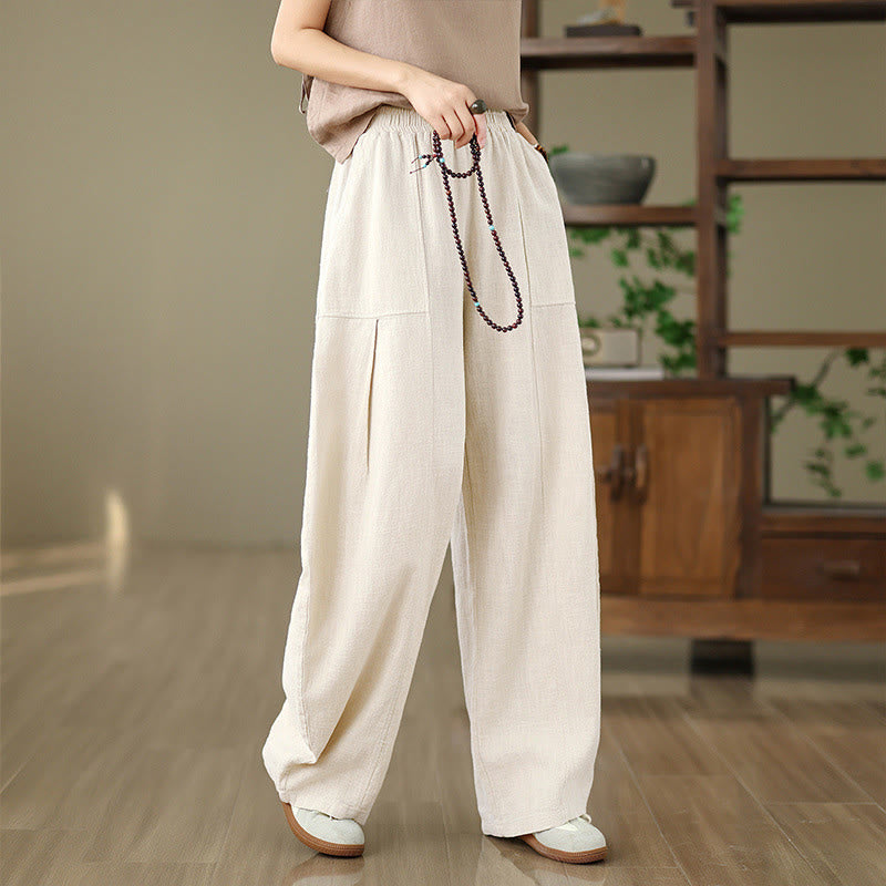 Buddha Stones Pantalon droit pour femme en coton et lin uni avec poches - image 6