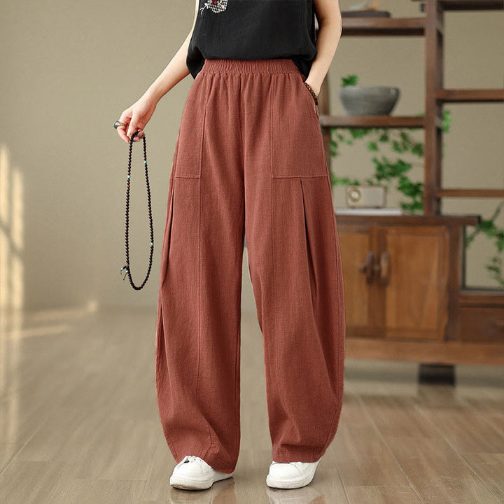 Buddha Stones Pantalon droit pour femme en coton et lin uni avec poches - image 9