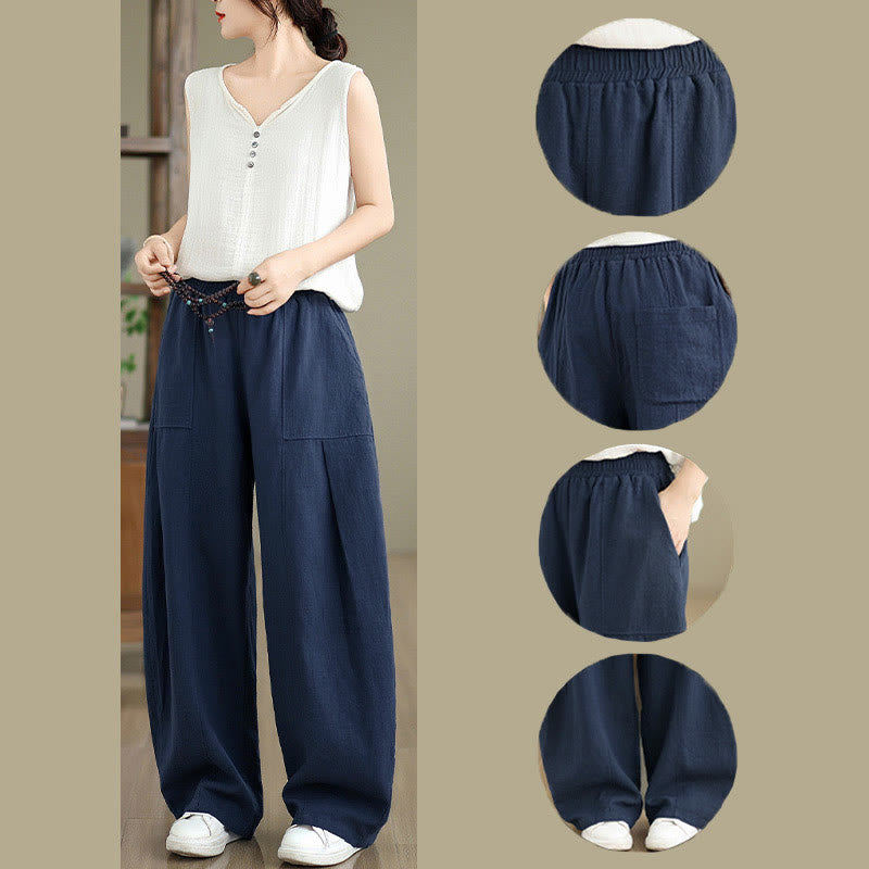 Buddha Stones Pantalon droit pour femme en coton et lin uni avec poches - image 23