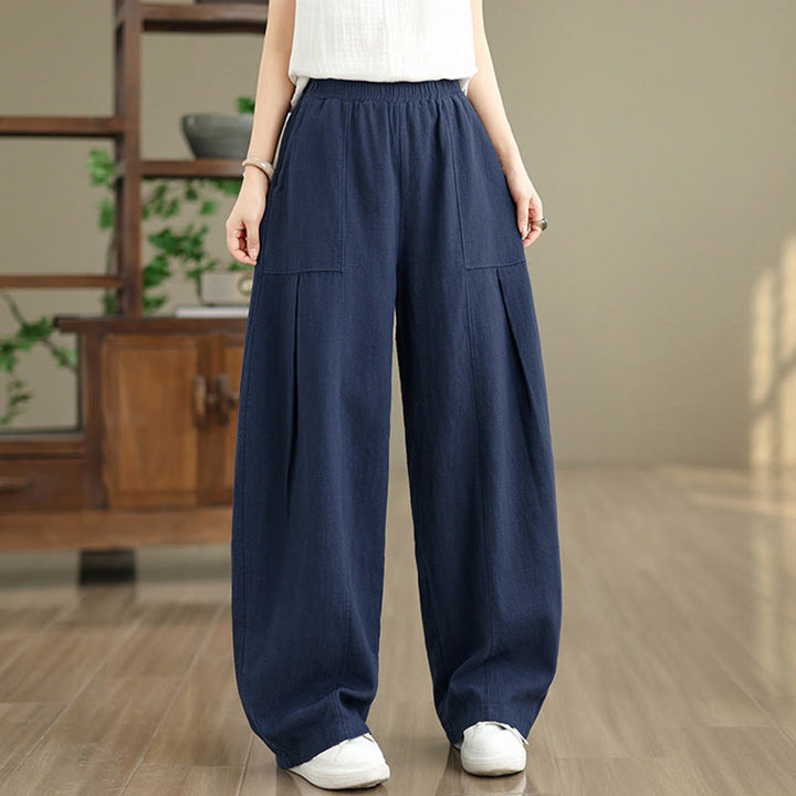 Buddha Stones Pantalon droit pour femme en coton et lin uni avec poches - image 17