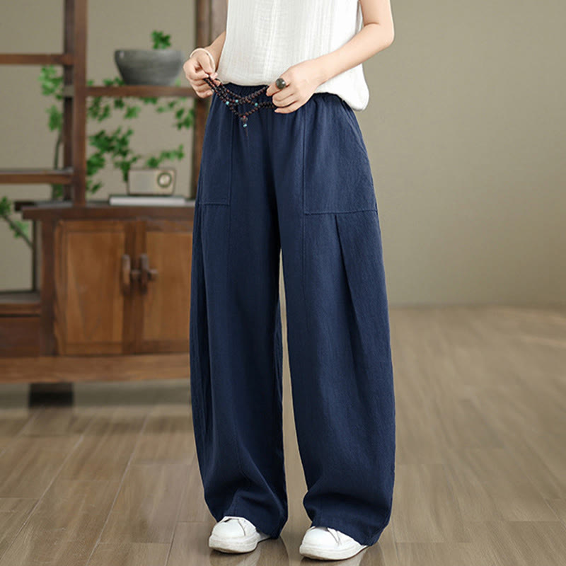 Buddha Stones Pantalon droit pour femme en coton et lin uni avec poches - image 19