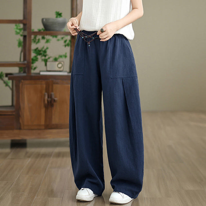 Buddha Stones Pantalon droit pour femme en coton et lin uni avec poches - image 19