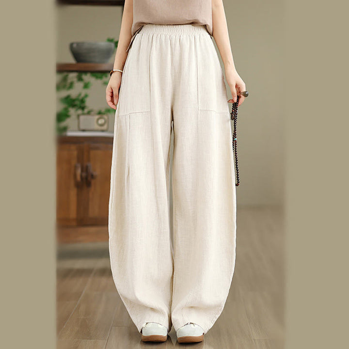 Buddha Stones Pantalon droit pour femme en coton et lin uni avec poches - image 5