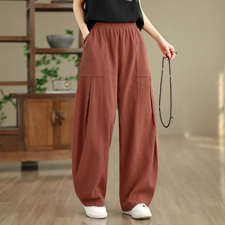 Buddha Stones Pantalon droit pour femme en coton et lin uni avec poches - image 12