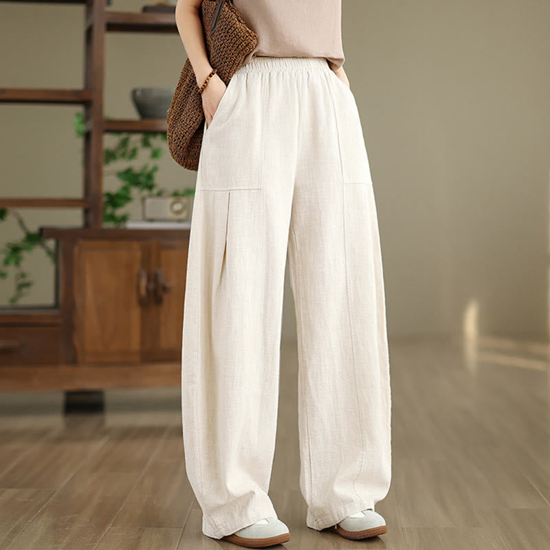 Buddha Stones Pantalon droit pour femme en coton et lin uni avec poches - image 3