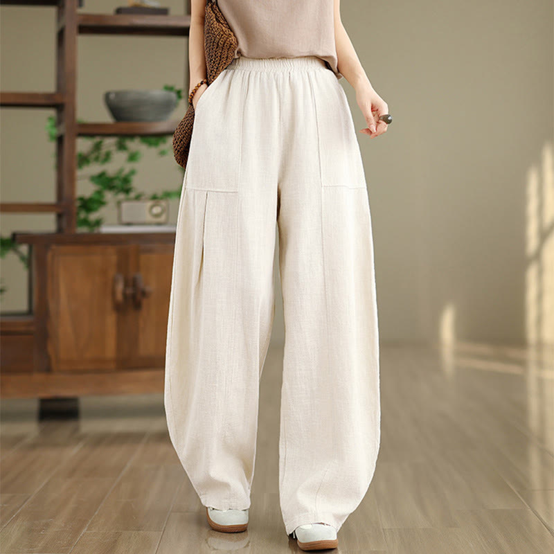 Buddha Stones Pantalon droit pour femme en coton et lin uni avec poches - image 2