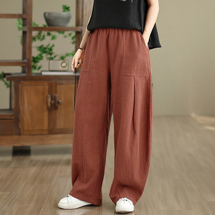 Buddha Stones Pantalon droit pour femme en coton et lin uni avec poches - image 14