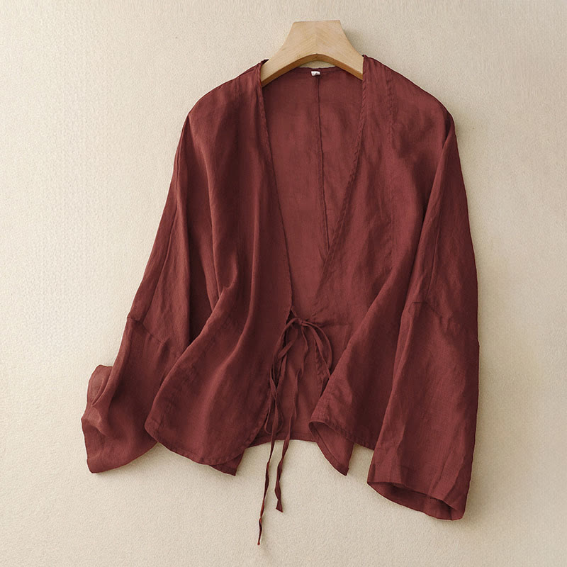 Kimono d'été uni à manches longues et lacets, imprimé de Buddha Stones , pour femme - Rouge foncé - US12，UK/AU16，EU44 (XL) - image 0