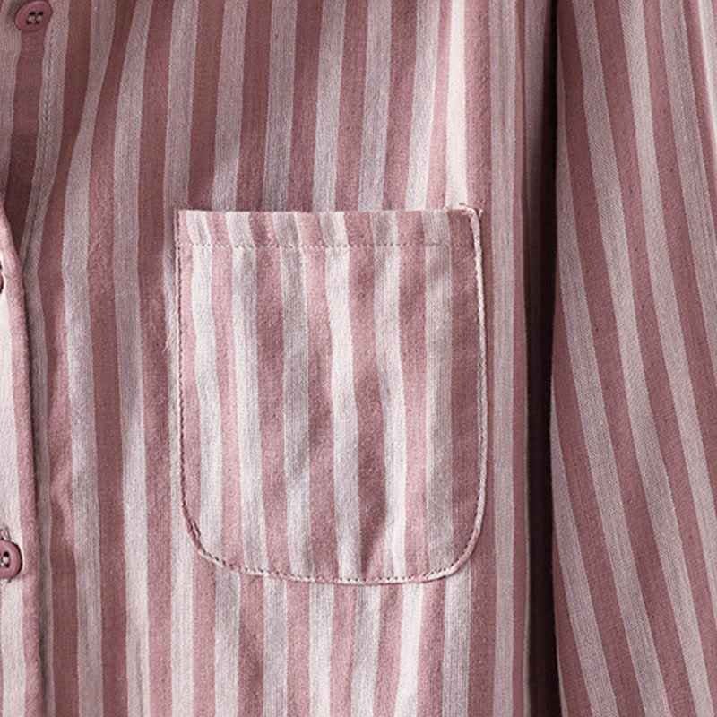 Buddha Stones Chemise en coton à manches longues et poches décoratives, à rayures verticales printanières et boutons, pour femme. - image 2