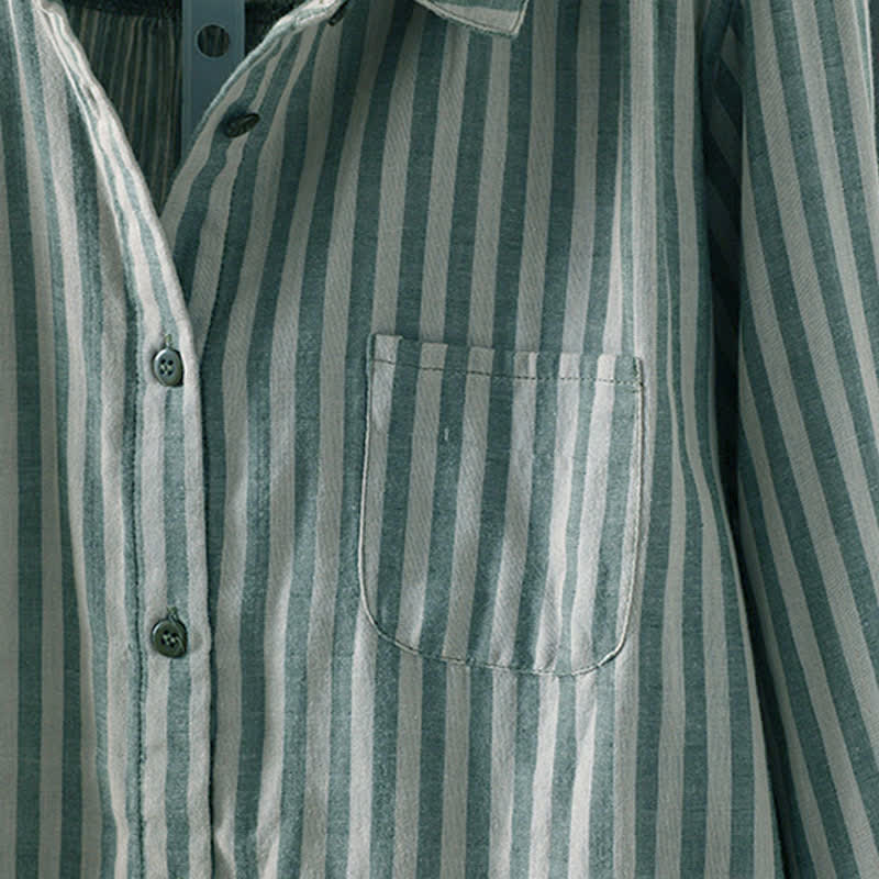 Buddha Stones Chemise en coton à manches longues et poches décoratives, à rayures verticales printanières et boutons, pour femme. - image 6