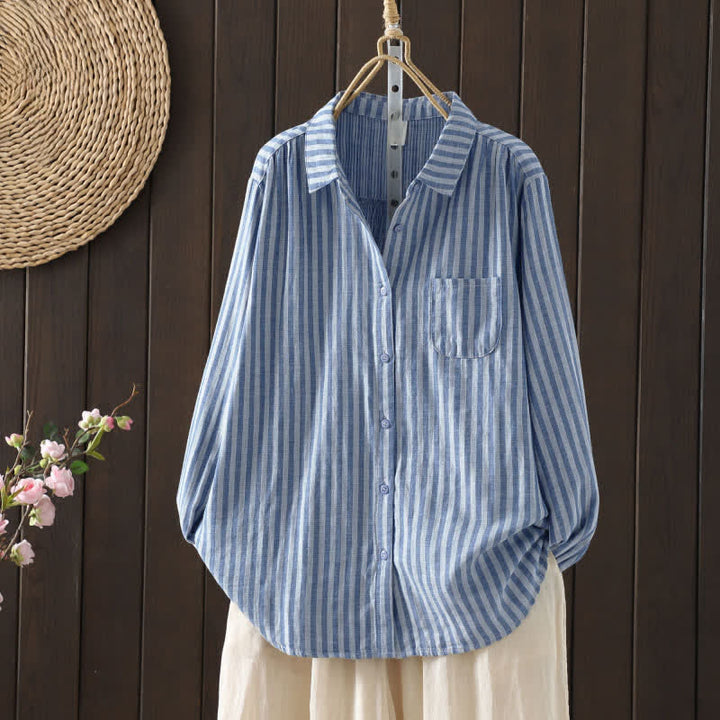 Buddha Stones Chemise en coton à manches longues et poches décoratives, à rayures verticales printanières et boutons, pour femme. - Bleuet - US8-10，UK/AU12-14，EU40-42 (2XL) - image 3