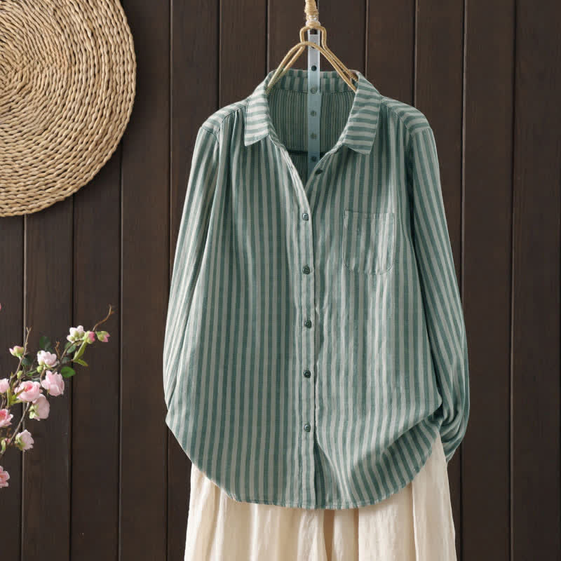 Buddha Stones Chemise en coton à manches longues et poches décoratives, à rayures verticales printanières et boutons, pour femme. - Vert clair - US8-10，UK/AU12-14，EU40-42 (2XL) - image 5