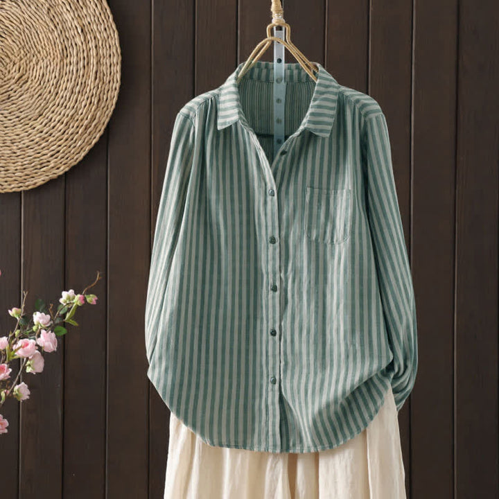 Buddha Stones Chemise en coton à manches longues et poches décoratives, à rayures verticales printanières et boutons, pour femme. - Vert clair - US8-10，UK/AU12-14，EU40-42 (2XL) - image 5