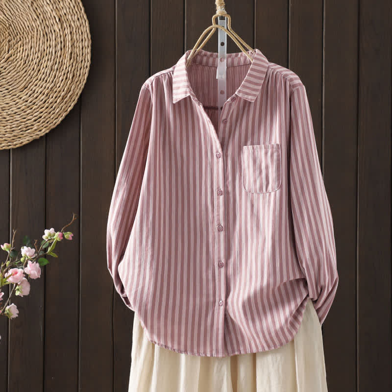 Buddha Stones Chemise en coton à manches longues et poches décoratives, à rayures verticales printanières et boutons, pour femme. - Rose clair - US8-10，UK/AU12-14，EU40-42 (2XL) - image 0