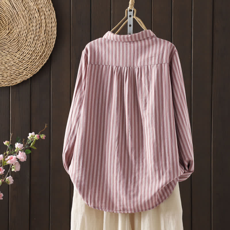 Buddha Stones Chemise en coton à manches longues et poches décoratives, à rayures verticales printanières et boutons, pour femme. - image 1