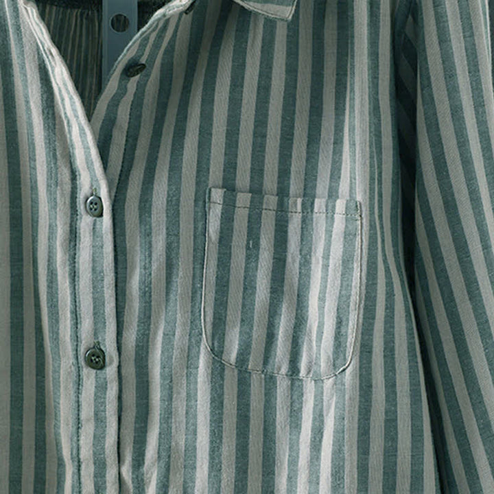 Buddha Stones Chemise en coton à manches longues et poches décoratives, à rayures verticales printanières et boutons, pour femme. - image 6