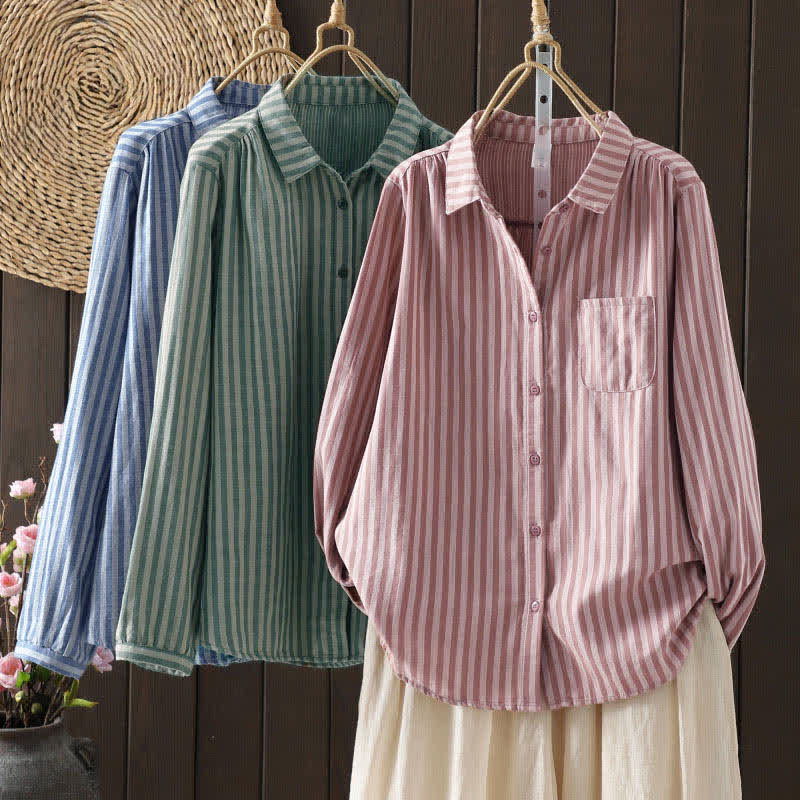 Buddha Stones Chemise en coton à manches longues et poches décoratives, à rayures verticales printanières et boutons, pour femme. - image 7