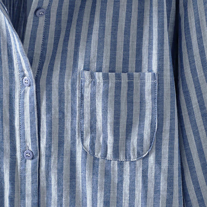 Buddha Stones Chemise en coton à manches longues et poches décoratives, à rayures verticales printanières et boutons, pour femme. - image 4