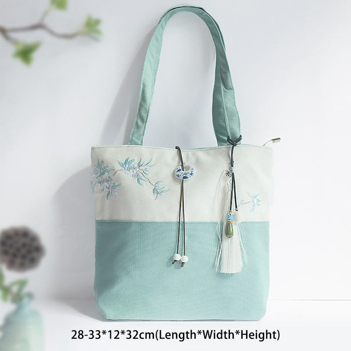 Sac à bandoulière en toile brodée de bambou avec fleur de poire, prunier, fleur de pêcher, grande capacité, sac fourre-tout - image 1