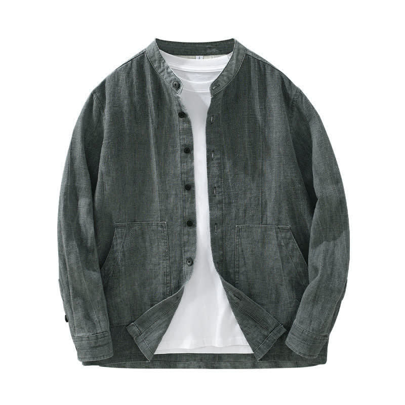 Buddha Stones Chemises d'automne unies à manches longues, boutons, en ramie lin et coton, avec poches - image 11