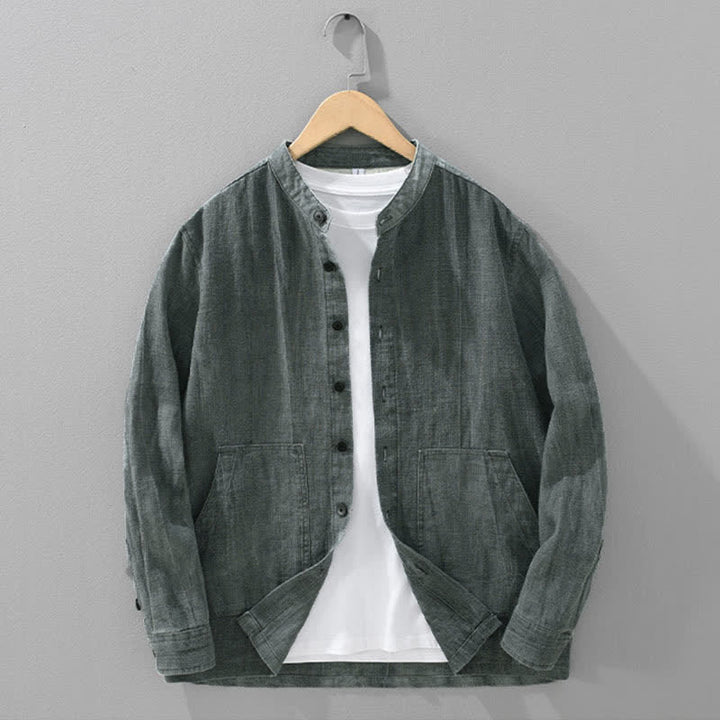 Buddha Stones Chemises d'automne unies à manches longues, boutons, en ramie lin et coton, avec poches - CadetBlue - US/UK/AU42，EU52 (3XL) - image 0