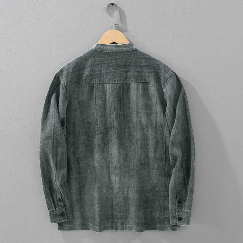 Buddha Stones Chemises d'automne unies à manches longues, boutons, en ramie lin et coton, avec poches - image 1