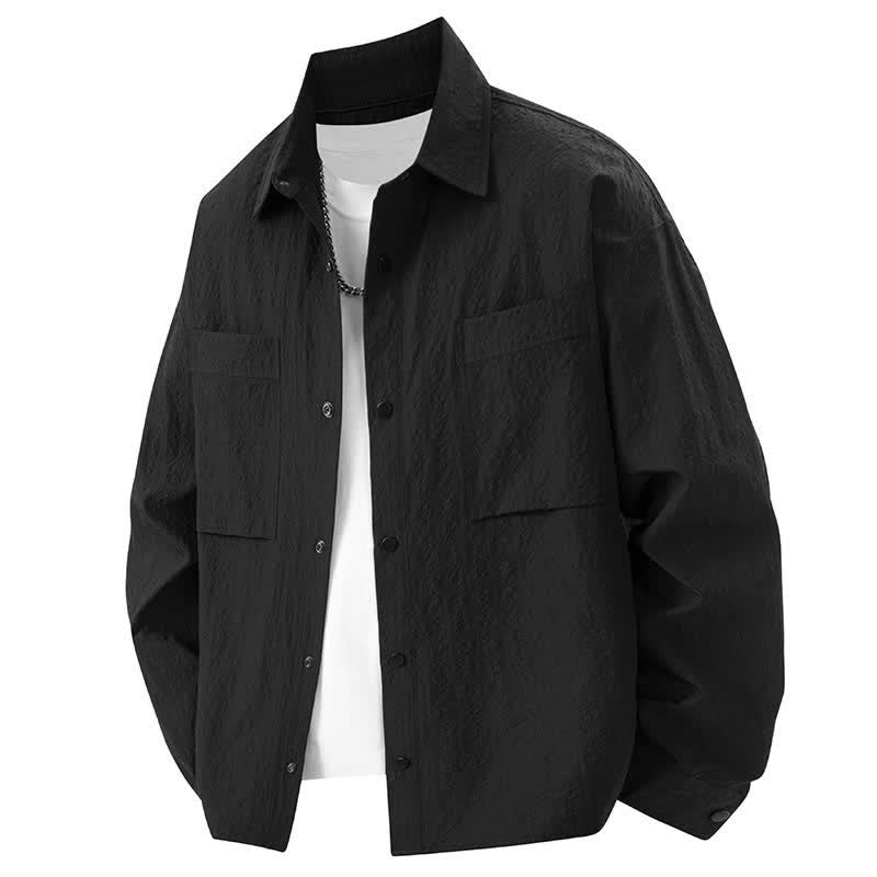 Buddha Stones Chemises homme à manches longues, couleur unie texturée, avec revers et poches, idéales pour le printemps. - Noir - US/UK/AU46，EU56 (3XL) - image 1