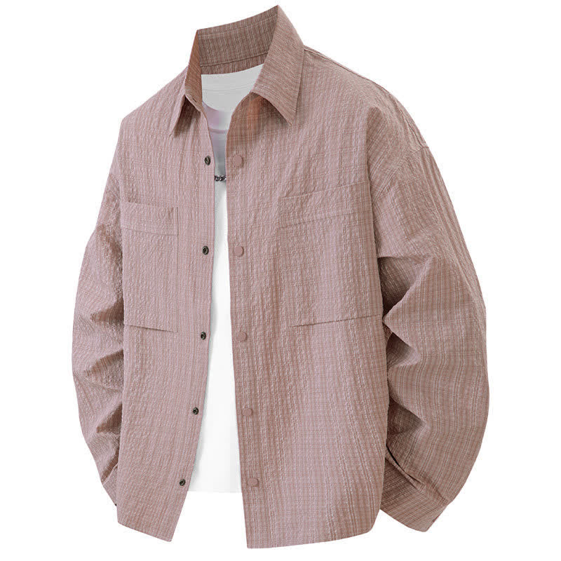 Buddha Stones Chemises homme à manches longues, couleur unie texturée, avec revers et poches, idéales pour le printemps. - Rose clair - US/UK/AU46，EU56 (3XL) - image 0