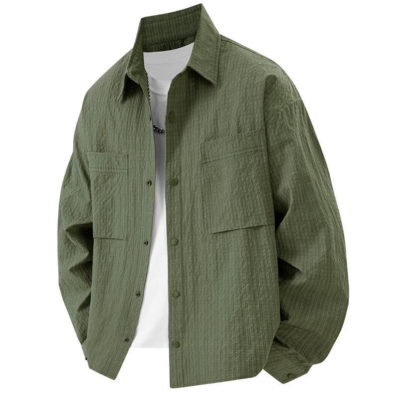 Buddha Stones Chemises homme à manches longues, couleur unie texturée, avec revers et poches, idéales pour le printemps. - Vert olive - US/UK/AU46，EU56 (3XL) - image 10