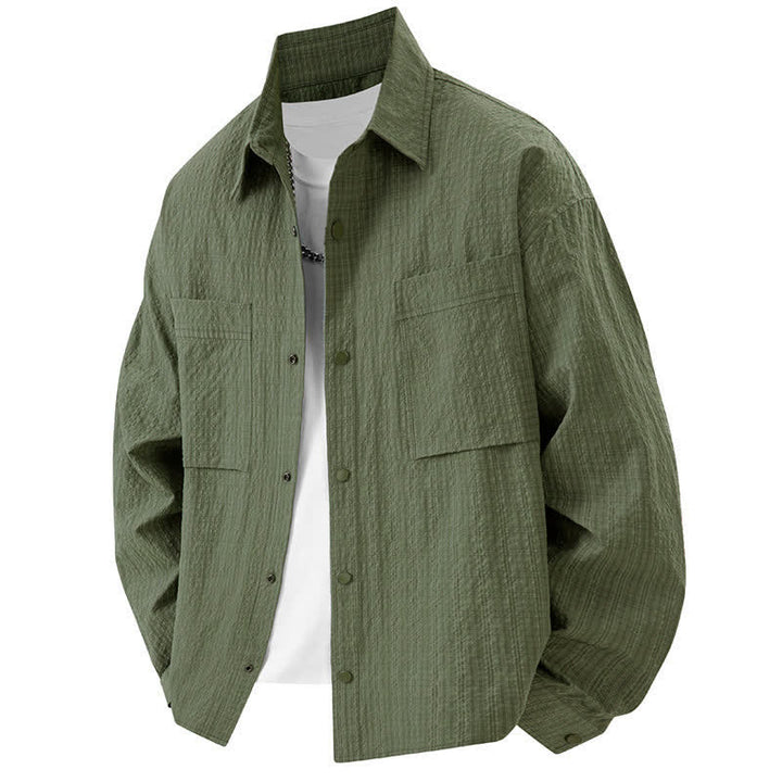 Buddha Stones Chemises homme à manches longues, couleur unie texturée, avec revers et poches, idéales pour le printemps. - Vert olive - US/UK/AU46，EU56 (3XL) - image 10