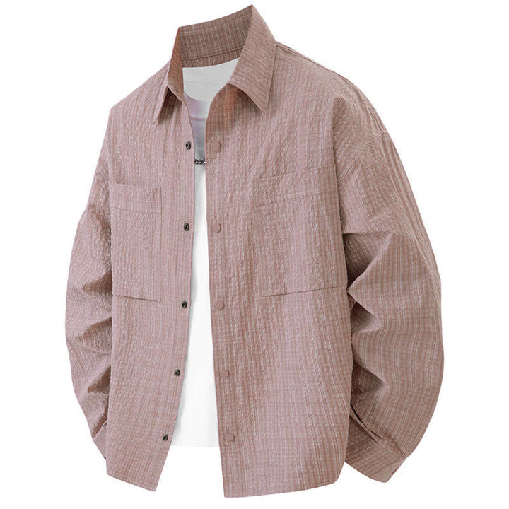 Buddha Stones Chemises homme à manches longues, couleur unie texturée, avec revers et poches, idéales pour le printemps. - Rose clair - US/UK/AU46，EU56 (3XL) - image 0