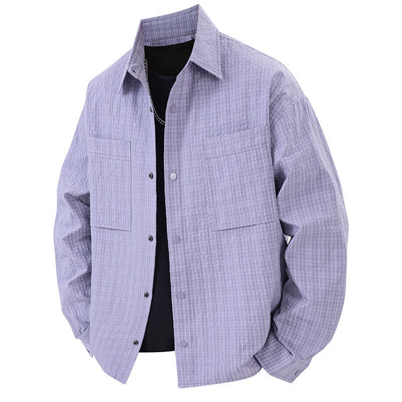 Buddha Stones Chemises homme à manches longues, couleur unie texturée, avec revers et poches, idéales pour le printemps. - Violet moyen - US/UK/AU46，EU56 (3XL) - image 12