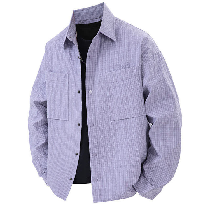Buddha Stones Chemises homme à manches longues, couleur unie texturée, avec revers et poches, idéales pour le printemps. - Violet moyen - US/UK/AU46，EU56 (3XL) - image 12
