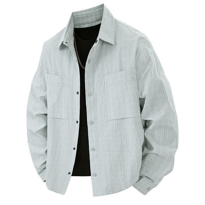 Buddha Stones Chemises homme à manches longues, couleur unie texturée, avec revers et poches, idéales pour le printemps. - Azuré - US/UK/AU46，EU56 (3XL) - image 9