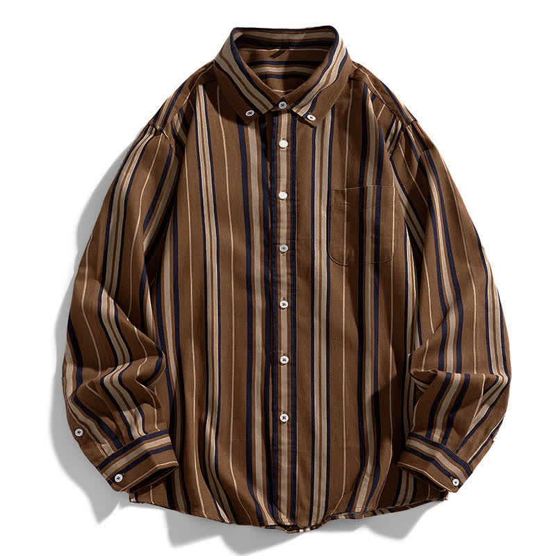 Buddha Stones Chemises homme en coton à manches longues, à rayures rétro colorées et boutons, avec poche - SaddleBrown - US/UK/AU44，EU54 (4XL) - image 0