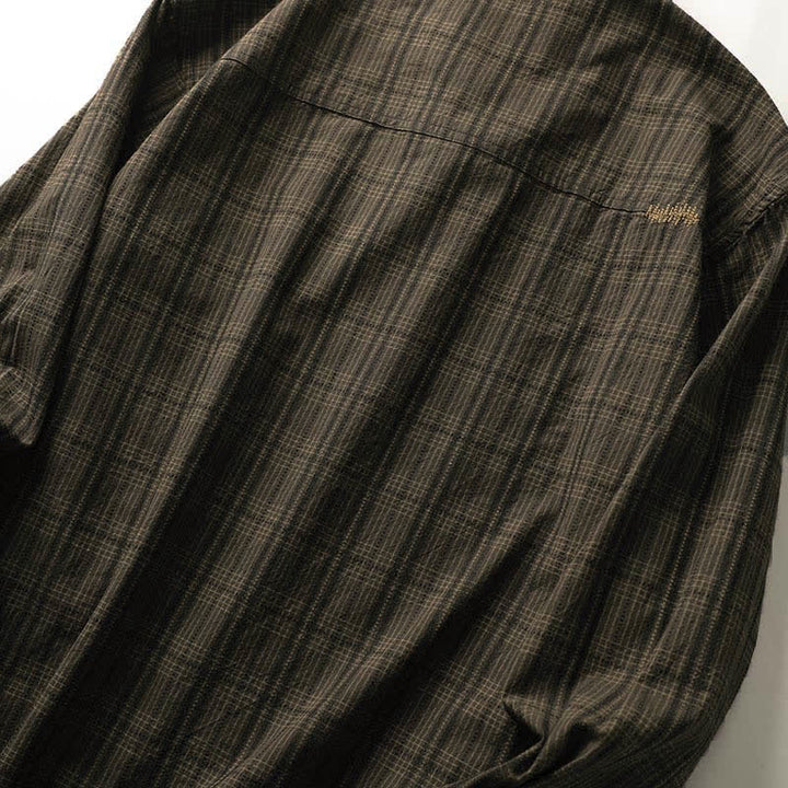 Buddha Stones Chemises à manches longues en coton pour homme, motif à carreaux brodé, avec poche, style automne - image 15