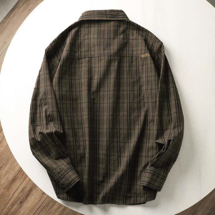 Buddha Stones Chemises à manches longues en coton pour homme, motif à carreaux brodé, avec poche, style automne - image 3