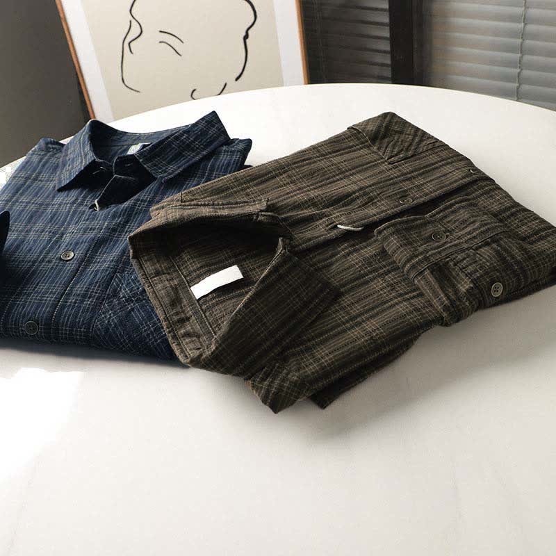 Buddha Stones Chemises à manches longues en coton pour homme, motif à carreaux brodé, avec poche, style automne - image 22