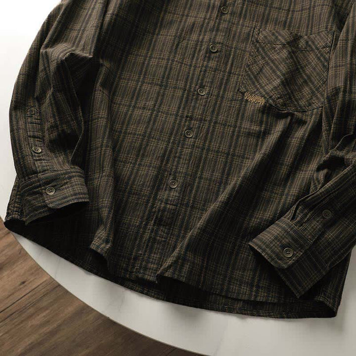 Buddha Stones Chemises à manches longues en coton pour homme, motif à carreaux brodé, avec poche, style automne - image 9