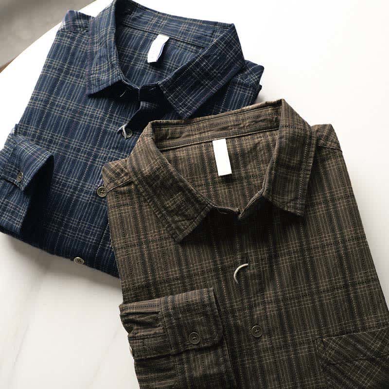 Buddha Stones Chemises à manches longues en coton pour homme, motif à carreaux brodé, avec poche, style automne - image 20