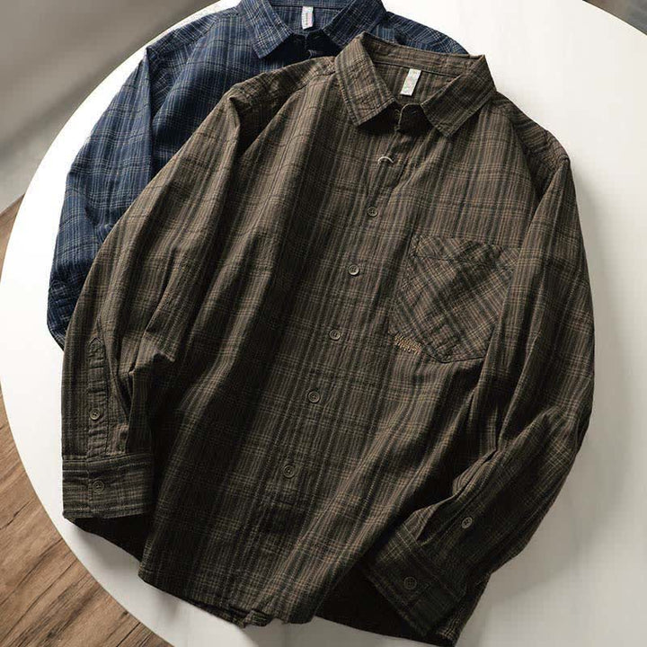 Buddha Stones Chemises à manches longues en coton pour homme, motif à carreaux brodé, avec poche, style automne - image 17