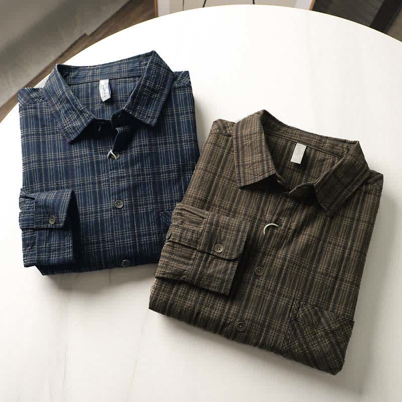 Buddha Stones Chemises à manches longues en coton pour homme, motif à carreaux brodé, avec poche, style automne - image 19