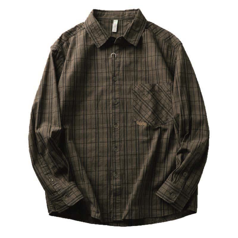 Buddha Stones Chemises à manches longues en coton pour homme, motif à carreaux brodé, avec poche, style automne - image 16