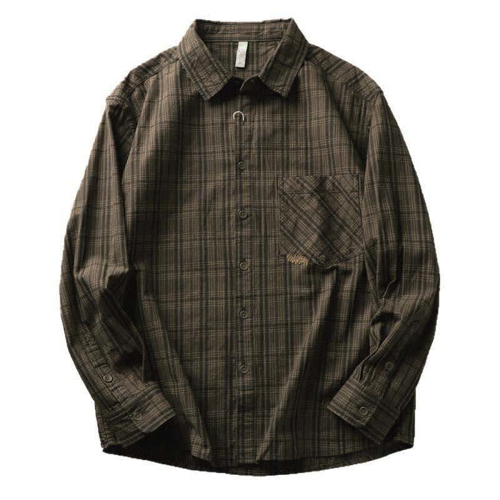 Buddha Stones Chemises à manches longues en coton pour homme, motif à carreaux brodé, avec poche, style automne - image 16